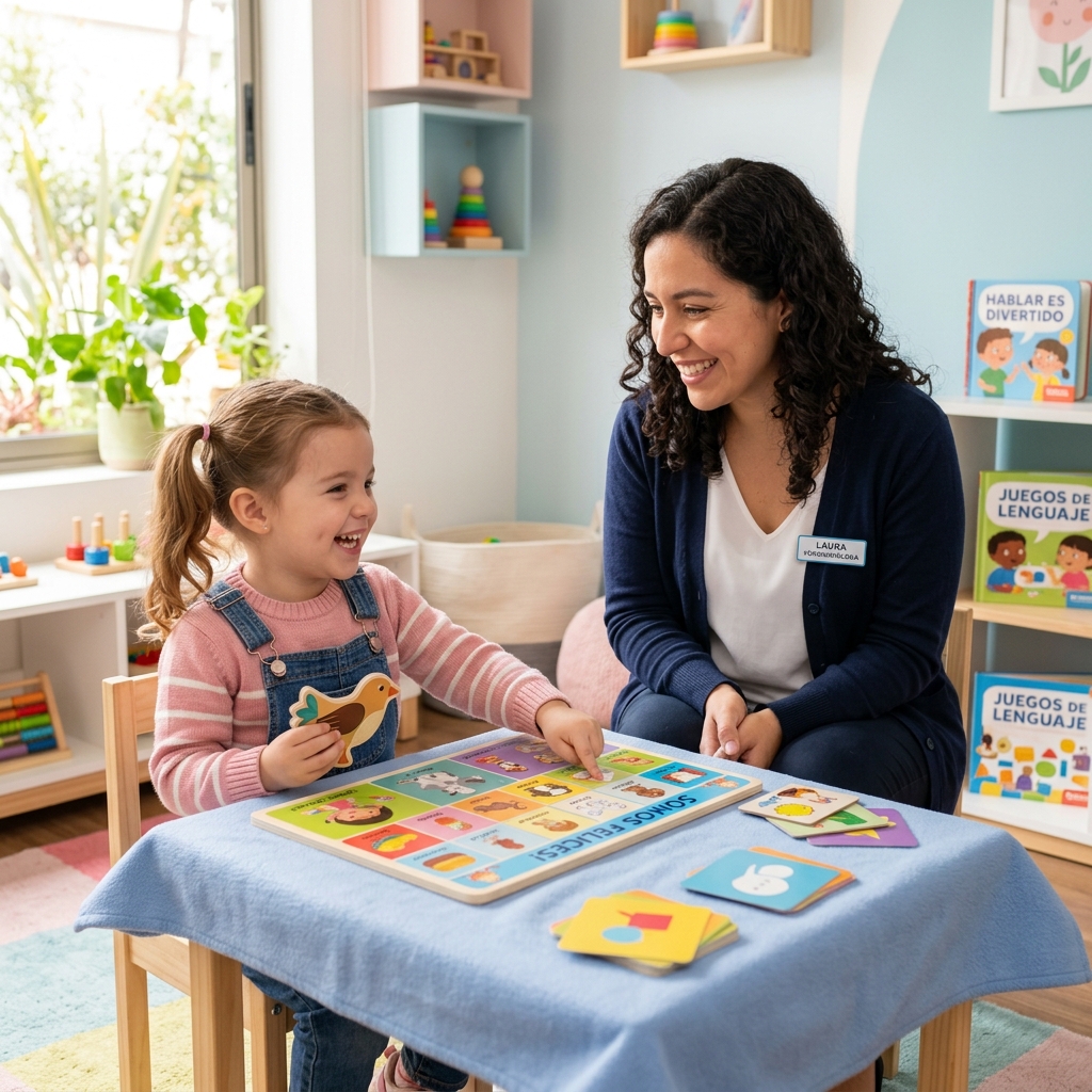 Fonoaudióloga interagindo com criança em ambiente acolhedor